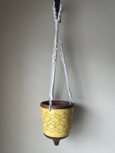Load image into Gallery viewer, Yellow on Brown Hanging Planter with Macrame Hanger (Available for purchase at Clayworks CLT)