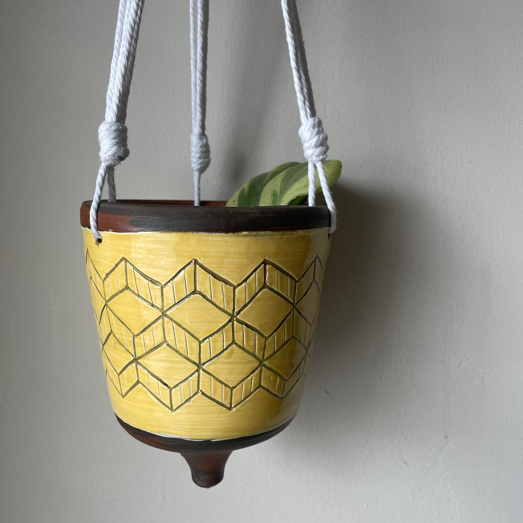 Yellow on Brown Hanging Planter with Macrame Hanger (Available for purchase at Clayworks CLT)