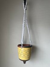 Load image into Gallery viewer, Yellow on Brown Hanging Planter with Macrame Hanger (Available for purchase at Clayworks CLT)
