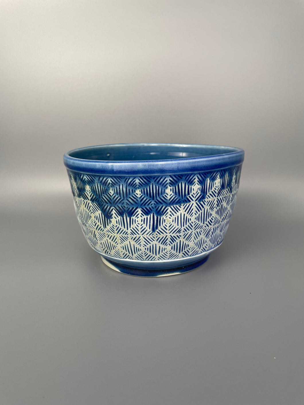Blue Serving Bowl with Carved Pattern
